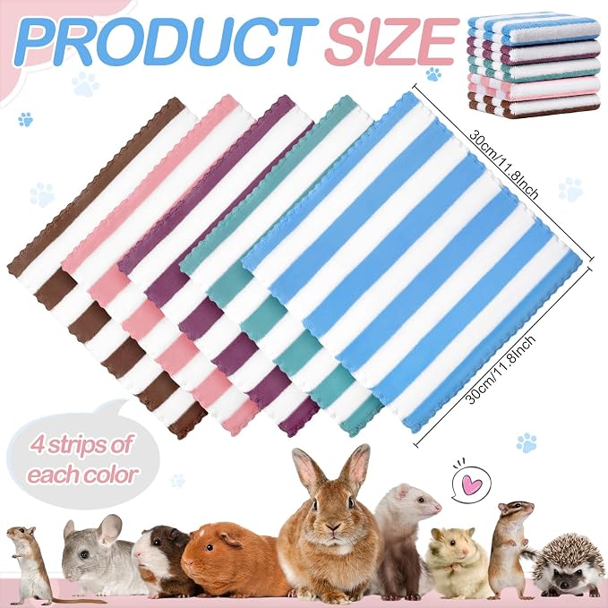 Moukeren 20pcs Guinea Pig Blankets, 12 x 12 Inch, Striped Style, Multicolor | Washable Reusable Bedding Pads for Small Animals, Soft Absorbent Mats for Guinea Pig, Rabbit, Hamster, Hedgehog & Chinchilla