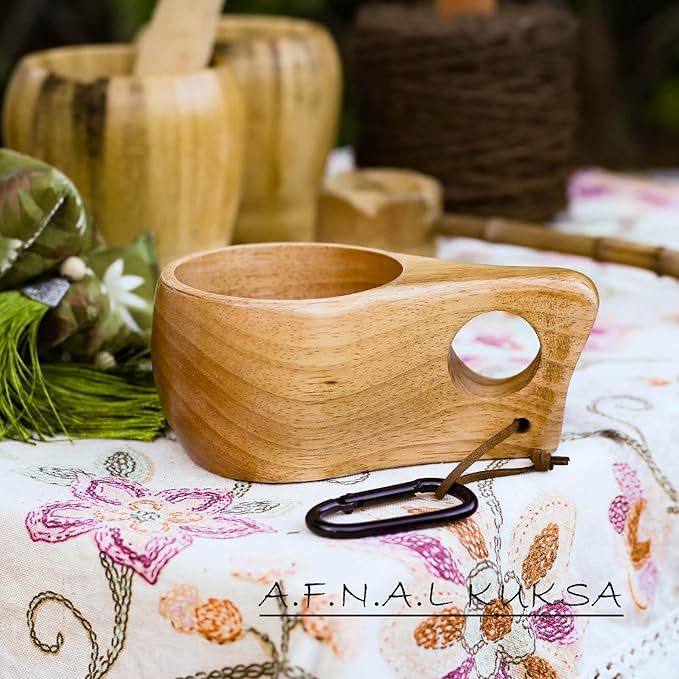 Kuksa Camping Mug Wooden Bushcraft Handcarved Cup, Nordic Style Coffee & Hiking Kuksa, Walnut Wood, Double Hole, 6.7 oz., 6.3" x 3.8" x 2.4"