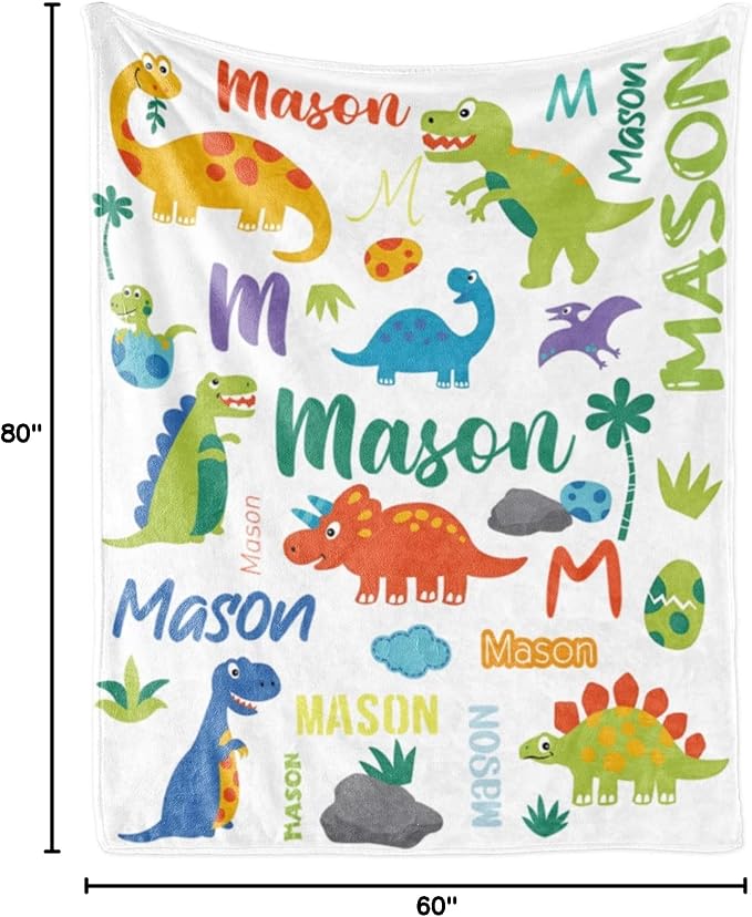 Personalized Dinosaur Blanket with Name for Boys, Custom Name Blanket for Kids Dino, Soft Flannel Dinosaur Toddler Blanket Customized Gift for Birthday Christmas Baby Shower Newborn Gift 60" X 80"