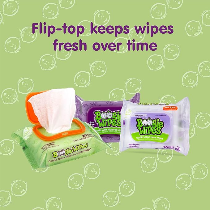 Saline Nose Wipes by Boogie, for Baby & Kids, Face, Hand & Body, Made with Vitamin E, Aloe, and Natural Saline, Grape Scent, 30 Count (Pack of 3)
