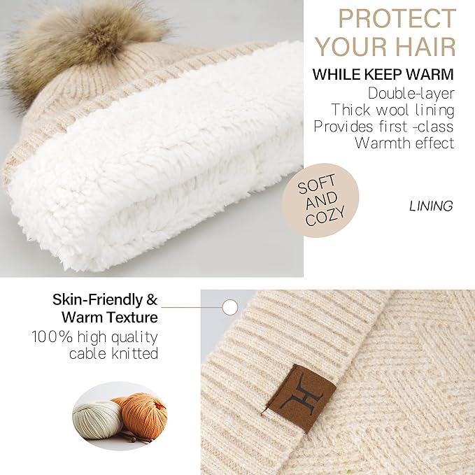 Womens Winter Warm Knit Beanie Hat Long Scarf Touchscreen Gloves Set with Fleece Lined Pom Skull Cap Gifts for Women