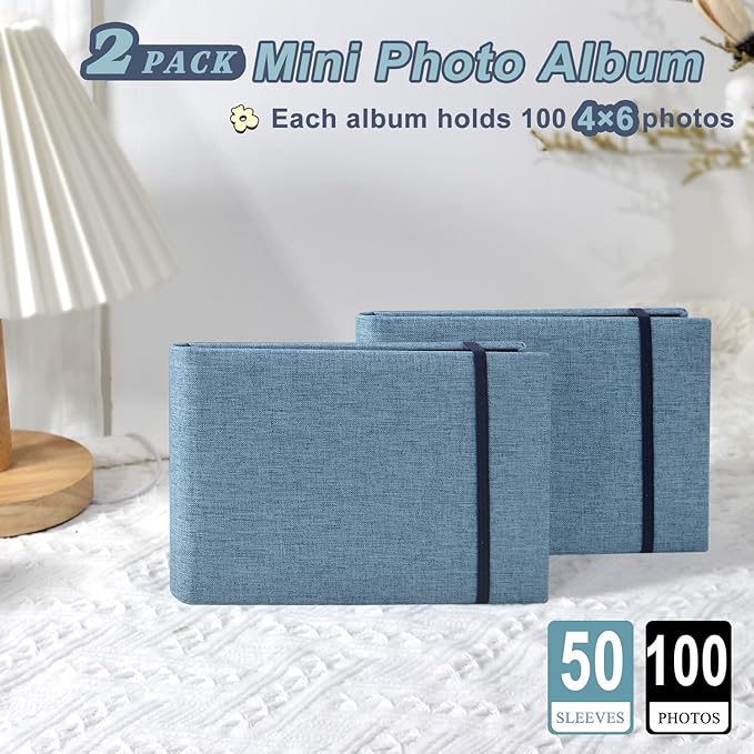 2PACK 4x6 Photo Album, 4x6 100 Pockets Linen Cover Photobook Small Capacity Pictures Book Easy to Classify and Portable for Wedding Family Baby Vacation (Blue)