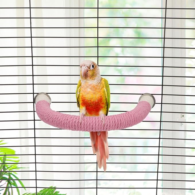 Hypeety U Shape Bird Hemp Rope Perch Parrot Paw Grinding Stand, Pink, L | U shape, natural wood with hemp rope, grinding paw and beak naturally, birdcage accessories, for budgies/cockatiels/conures