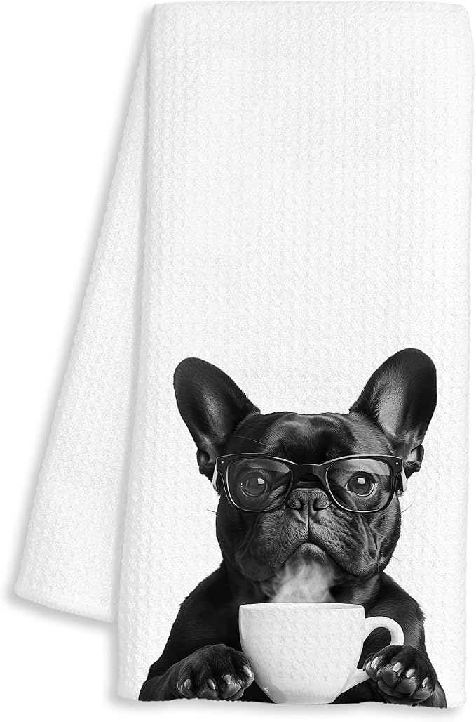 Funny French Bulldog Coffee Kitchen Towels, Frenchie Gifts for Women, Gifts for French Bulldog Lovers Decorative Dish Hand Tea Towels for Kitchen Coffee Bar Decor, 16x24 Inch