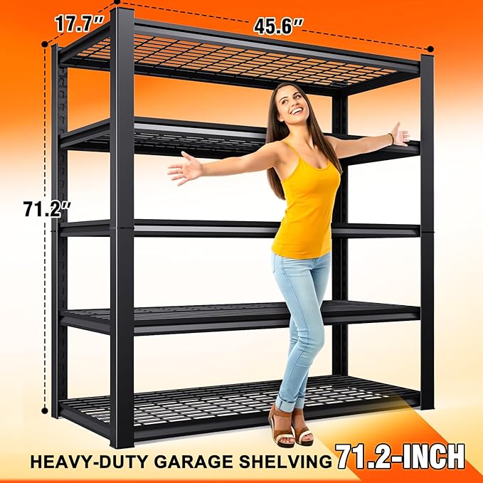 46 ''W Storage Shelves, 71‘’H Garage Shelving, Adjustable Garage Shelves, 3000lbs Heavy Duty Shelving ,5 Tier Garage Storage Shelves,Easy-To-Install Metal Shelf Storage Rack Shelving Unit For Kitchen