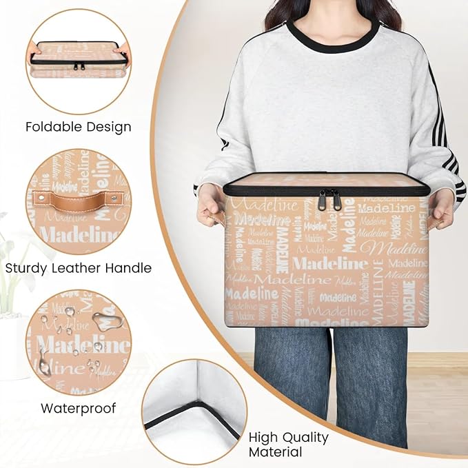Custom Storage Basket with Name, Personalized Keepsake Box with Zipper Lid, Foldable Fabric Memory Bin Large capacity with Handle Apricot