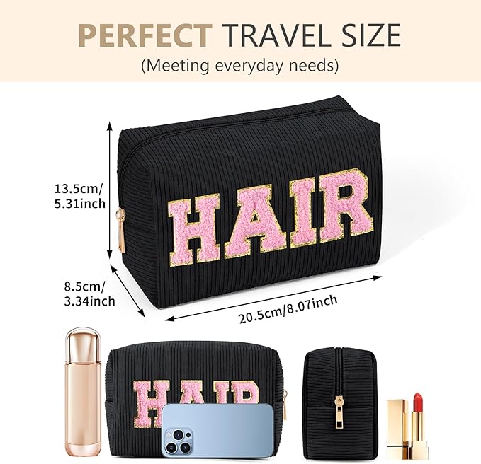 MAGEFY Small Makeup Bag for Purse Corduroy Makeup Bag for Women Makeup Pouch with Compartments (Black, HAIR)