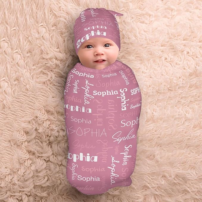 Swaddle Blanket with Hat Set Newborn Name Lettering Pink Receiving Blankets Baby Swaddle Wrap Soft Sleep Sack for Baby Boys and Girls
