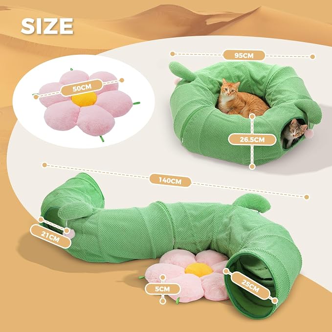 PEQULTI Flower Donut Cat Tunnel Bed Washable Plush Mat Multi for Small Pets | Round play tube with soft detachable plush mat, multi-pet toy fit indoor cats, kittens, puppies, rabbits and ferrets