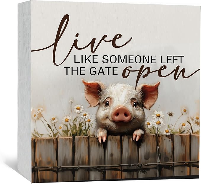 Pig Signs - Farm Cottagecore Animal Office Kitchen Bedroom Decor,Rustic Farmhouse Live like Someone Left the Gate Open Home Decor Wooden Signs,Pig Gifts for Women,6x6