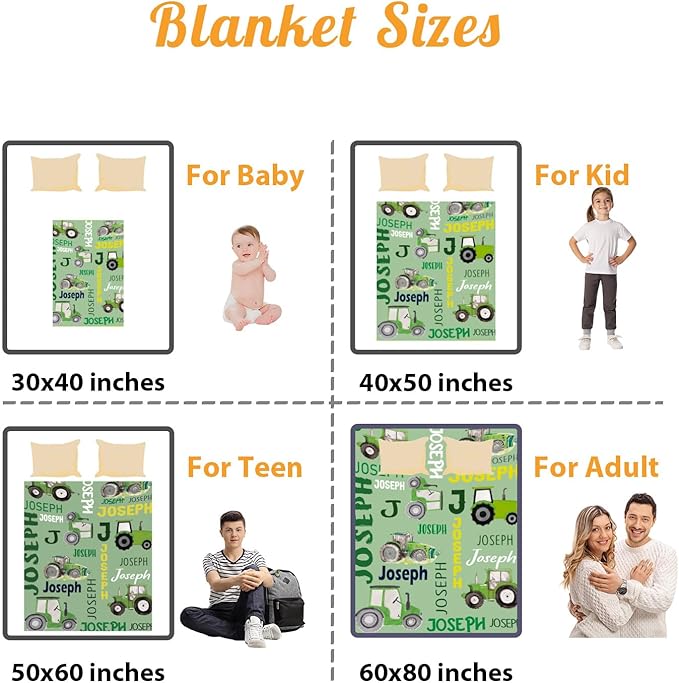 Personalized Tractors Blanket - Custom Name with Farm Tractor Trucks Design - Soft Plush Flannel Bed Blanket for Baby Kid Teen Boys Girls Customized Gifts Lime Green