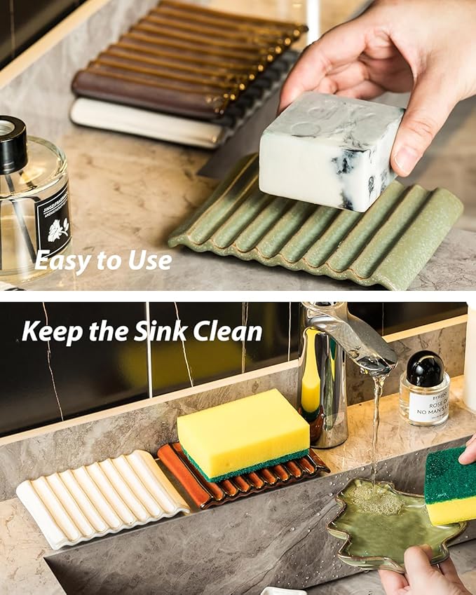 Bar Soap Holder Ceramic Soap Dish Japanese Style for Countertop & Saver for Shower Sink and Kitchen, with Self Drain, Lift Soap Keep Dry, Purple