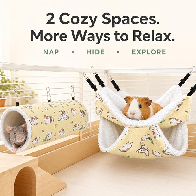 Small Pet Hammock & Tunnel Set for Ferrets, Guinea Pigs, Rats - Plush Hideout Bed & Cage Toy, 2-Pack, Yellow Guinea Pig Print