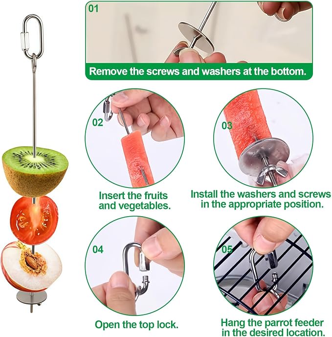 2 Pcs Bird Cage Food Holder Stainless Steel Parrot Fruit & Vegetable Skewer Hanging Foraging Toy for Parakeets, Budgies, Macaws (Pack of 2)