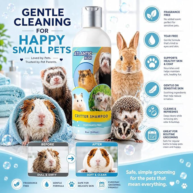 Critter Shampoo for Small Pets -Small Animal Fragrance & Detergent Free Shampoo - Sensitive Skin Shampoo for Ferrets, Guinea Pigs, Rabbits, Hedgehogs, Hamsters & Sugar Gliders (8 oz Fragrance Free)