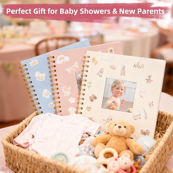 Vienrose Kids Scrapbook Album 10.4"X10.0" with Window Silk Fabric Cover Acid-Free Pages Personalised DIY Photos Scrapbooking for Baby Memory Book, First Year Keepsake Journal Gift Boy Girl, Beige