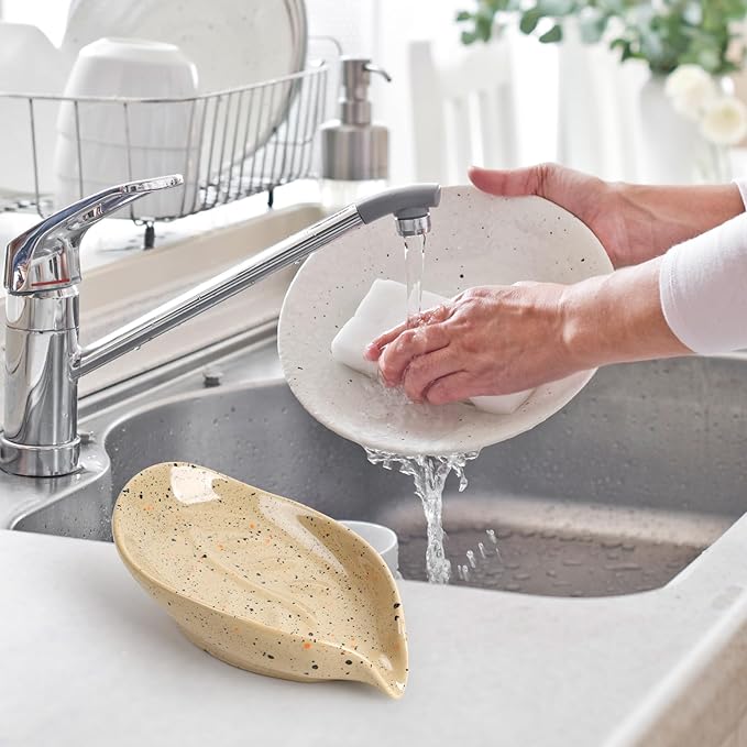 Soap Holder, Self Draining Soap Dish, Leaf Shape Bar Soap Holder Ceramic Drain Soap Dishes for Bathroom Sink Shower Kitchen, Easy to Clean Keeps Soap Dry, ANTIS'S HOME