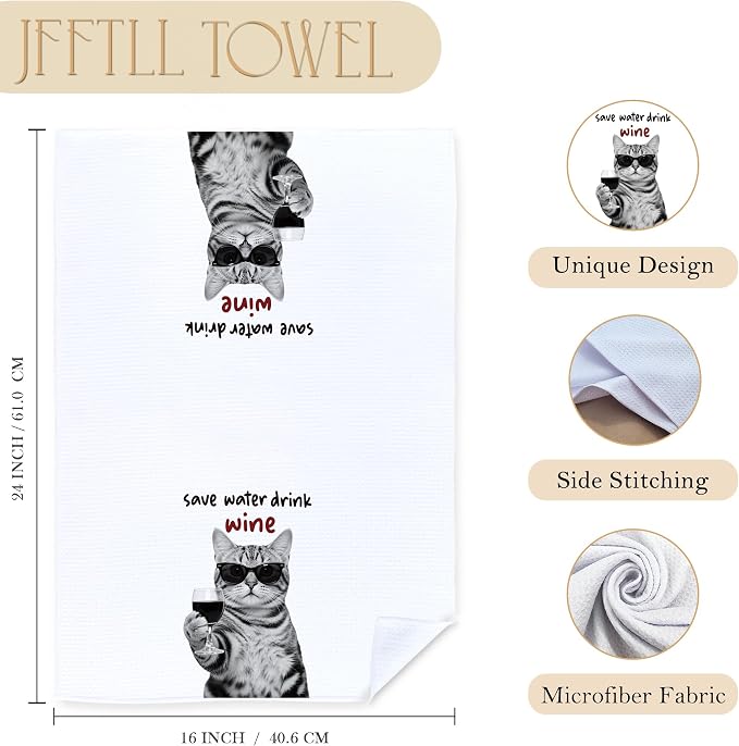 Funny Tabby Cat Kitchen Towels, Cat Lover Mom Dad Gifts Dish Tea Towels, Save Water Drink Wine Lover Gifts Decorative Bar Towel for Bartender Kitchen, 16x24 Inch
