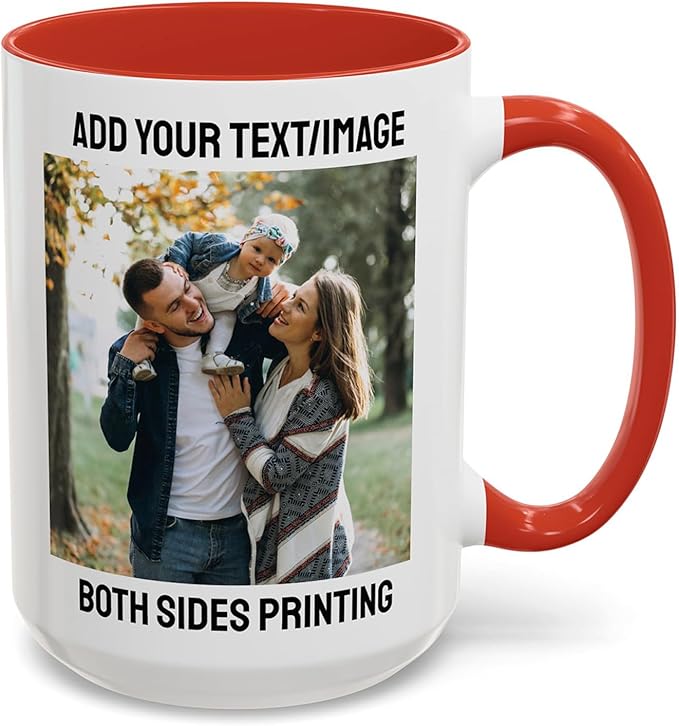 Custom 15oz Red Coffee Mug Design Personalized Ceramic Coffee Cup with Photo Text Logo Taza Personalizadas Customized Gifts for Birthday Anniversary Wedding Love Family Work Novelty Red Cup Two Sides