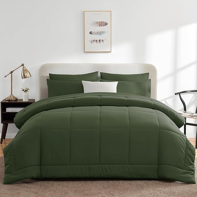 CozyLux King Size Comforter Set Olive Green, 7 Pieces Bed in a Bag, Green Comforter King Size, All Season Bedding Sets with Stitch Quilted Comforter, Flat Sheet, Fitted Sheet, Pillowcases