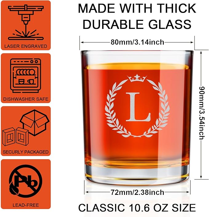 Personalized Whiskey Glasses Gifts for Men, Monogrammed Engraved A-Z 10.6 oz Rocks Glass Customized Gift, Unique Christmas Birthday Gifts for Men Him Dad Husband Brother Son (L)