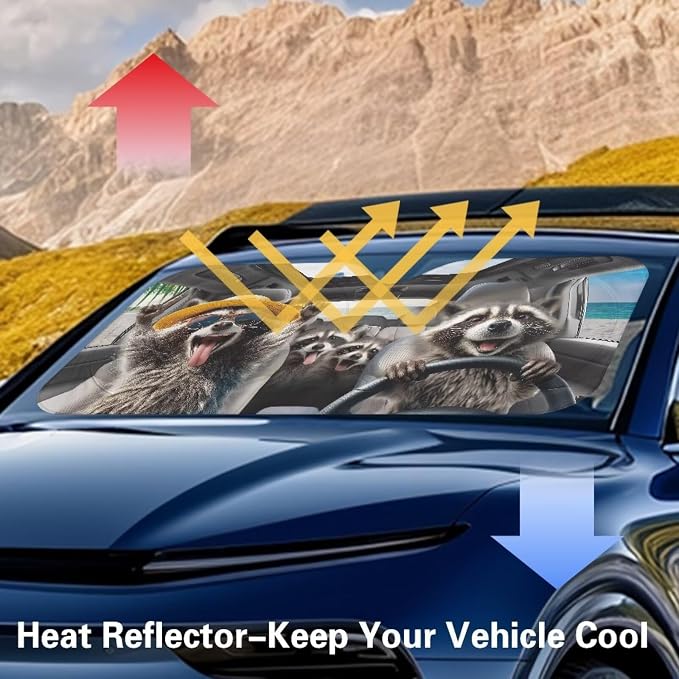 Funny Raccoon Car Front Windshield Sun Shade Universal Fit for Car Window Sunshades Cover Foldable Vehicle Windshield Protecion Heat Reduction Automotive Interior