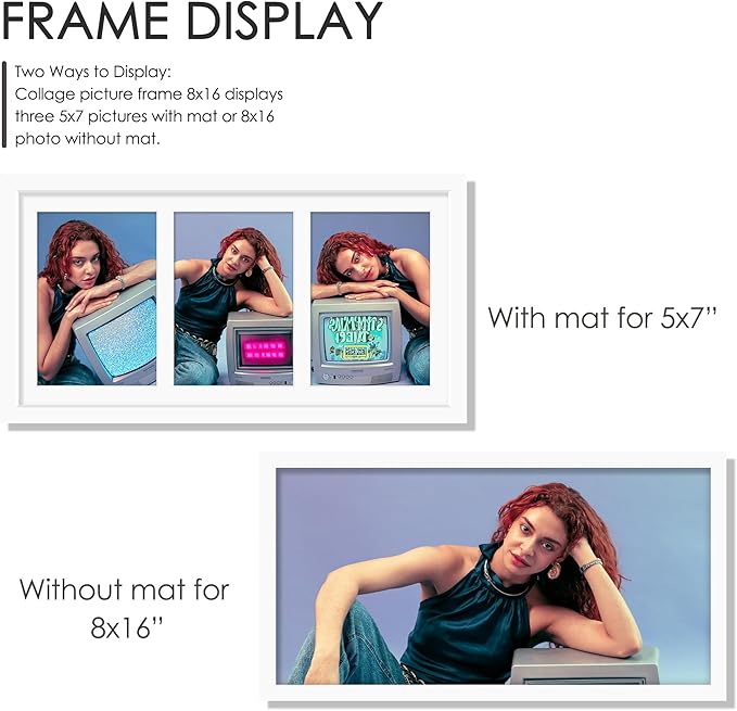 8x16 Collage Picture Frame, 5x7 Collage Picture Frame Displays Three 5x7 inch Photos, or 8x16 (Without Mat) for Available Horizontal Wall Mounting Display and Vertical, White.