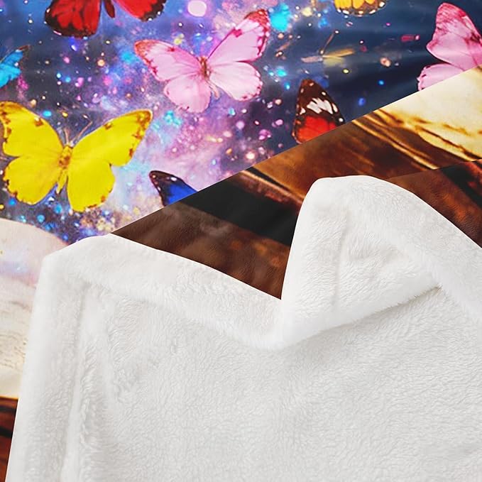 Feelyou Colorful Butterfly Fleece Throw Blanket Twin 60"x80" Kids Library Book Sherpa Blanket Plush Fuzzy for Bed Couch Chair Living Room, Reading Bed Blanket Butterfly Emerging from Book Room Decor