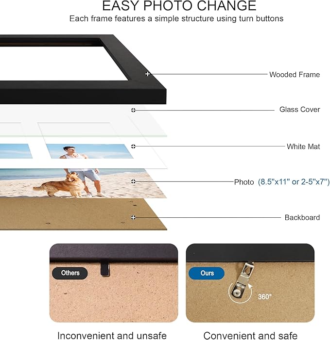 8.5x11 Picture Frame Set of 2, Black Certificate Document Frames with Glass Collage Frame, Display Pictures Two 5x7 With Mat or 8.5 x 11 Without Mat - Horizontal or Vertical Wall Mounting