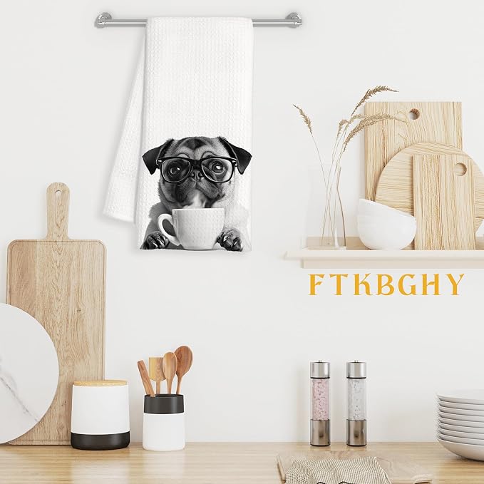 Funny Pug Decor Coffee Kitchen Towels Gift, Pug Dog Gifts, Coffee Gifts for Women, Dog Lover Gift Decorative Dish Hand Tea Towels for Kitchen Home Bar Decor, 16x24 Inch