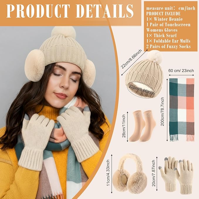Geyoga 6 Pcs Winter Hat Scarf Gloves Set Knitted Touchscreen Gloves Plaid Scarf Earmuffs Socks Gift for Women Men