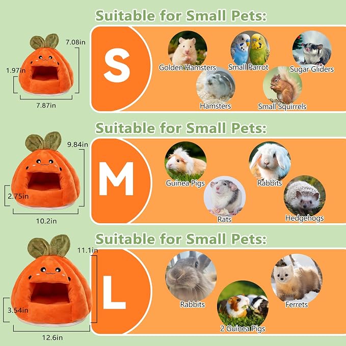 Guinea Pig Hideout, Cute Carrot Shape Bunny Bed with Warm Fleece Washable Hamster Bed Rat Cage Accessories Small Animal Houses for Dwarf Rabbit Chinchilla Hedgehog (M)