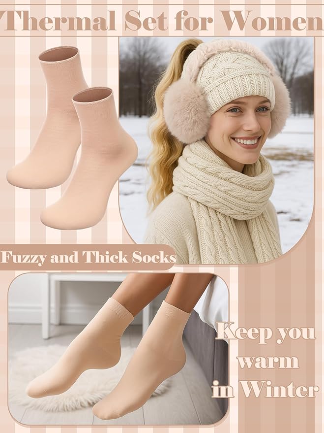 Geyoga 6 Pcs Women Winter Beanie Hat Scarf Gloves Ear Muffs Fuzzy Socks Set, Touchscreen Gloves for Thermal Gift Cold Weather