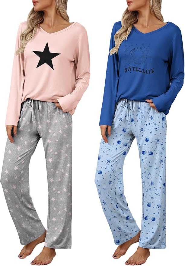 Ekouaer Womens 2 Pack Pajama Set Long Sleeve Pajamas Top and Pants V Neck Pjs Set Soft Loungewear with Pockets