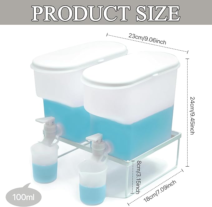 Laundry Detergent Dispenser Set, 105oz (3L) Easy-Pour Leak-Proof Bottles with Spout Plug Caps,Measuring Cups & Stand–2 Refillable Semi-Transparent Soap Containers for Laundry Room Organization