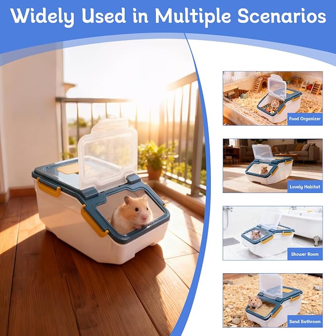Saim Extra Large Chinchilla Sand Bath Container, 7.4-Inch Hight Dust Bath House with Low-Mess Lid & Scoop, Digging Box for Hamster Hedgehog Small Animals - Blue