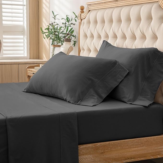 PURE ERA Jersey Knit 4pc Bed Sheet Set 100% T-Shirt Cotton Super Soft Comfy Breathable Fits Mattress Up to 20" Extra Deep Pocket (Solid Deep Grey, King)