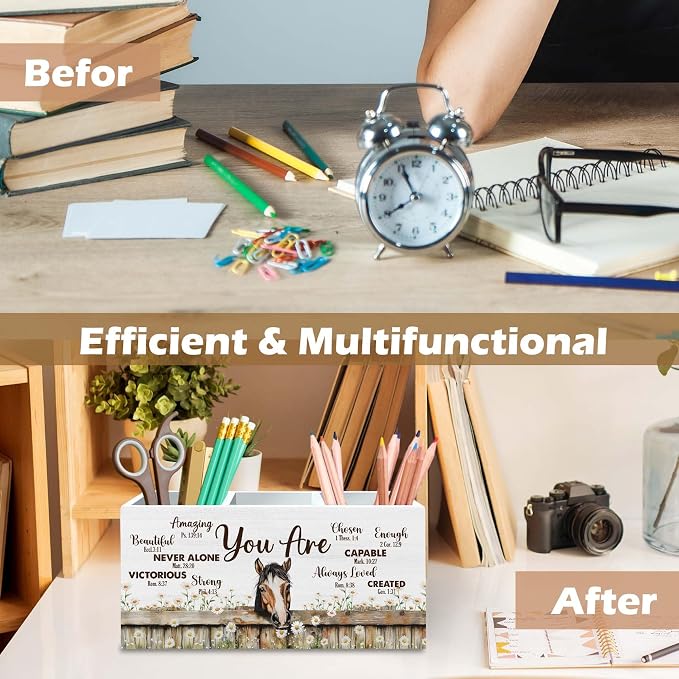 DILSJ Inspirational Horse Pen Pencil Holder Organizer for Desk, Horse Gifts for Women, Be Kind Be Brave Decor Wooden Box Signs for Home Office Desk Tabletop Decoration