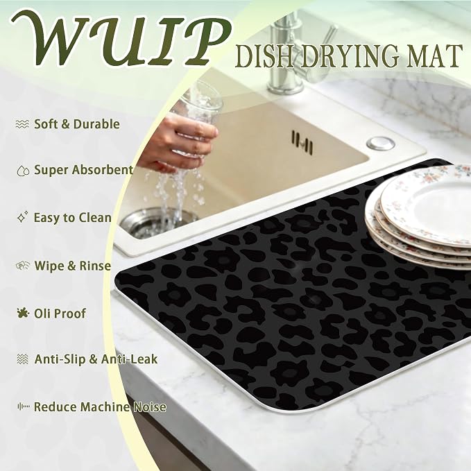 Black Leopard Print Dish Drying Mats for Kitchen Counter, Trendy Cheetah Animal Print Absorbent Reversible Coffee Bar Mat Drying Pad for Kitchen Decor, 12x15 Inch