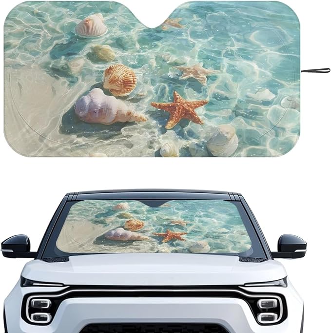 Seashell Starfish Car Windshield Sun Shade Foldable Car Windshield Sunshades Car Front Window Covers for Cars Interior Accessories Universal for Most Sedan Truck SUV