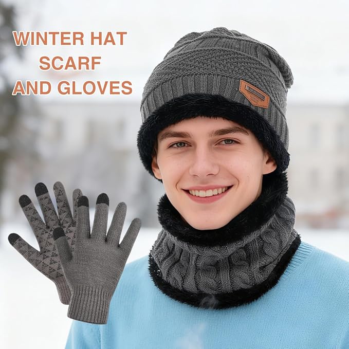 Winter Beanie Hat Scarf Glove Set for Women Snow Knit Thick Fleece Lined Ski Hat,Mens Warm Neck Warmer Touchscreen Mittens