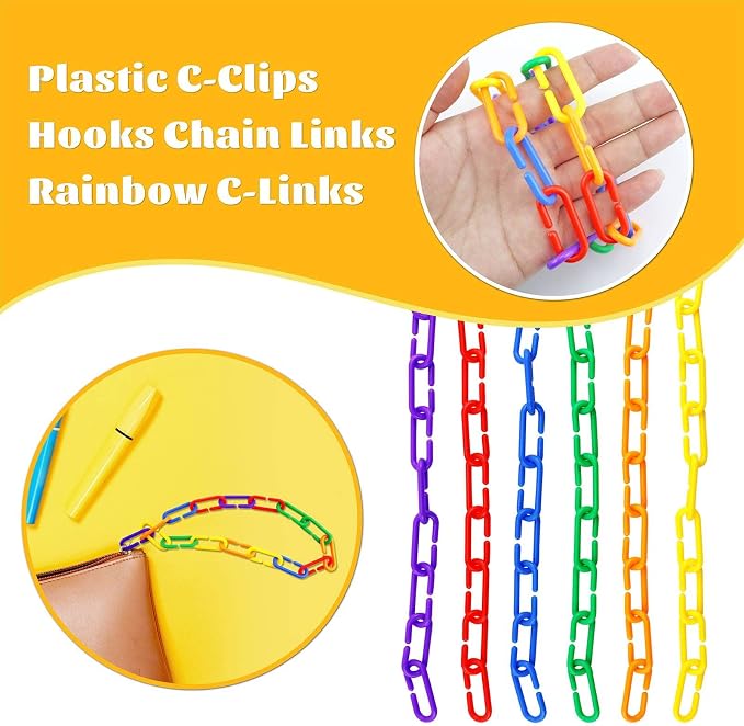 JIALEEY 100PCS Plastic Chain Links, Children's Learning Toy, Mix Color Rainbow DIY C-Clips Chains Hooks Swing Climbing Cage Toys for Bird Sugar Glider Rat Parrot