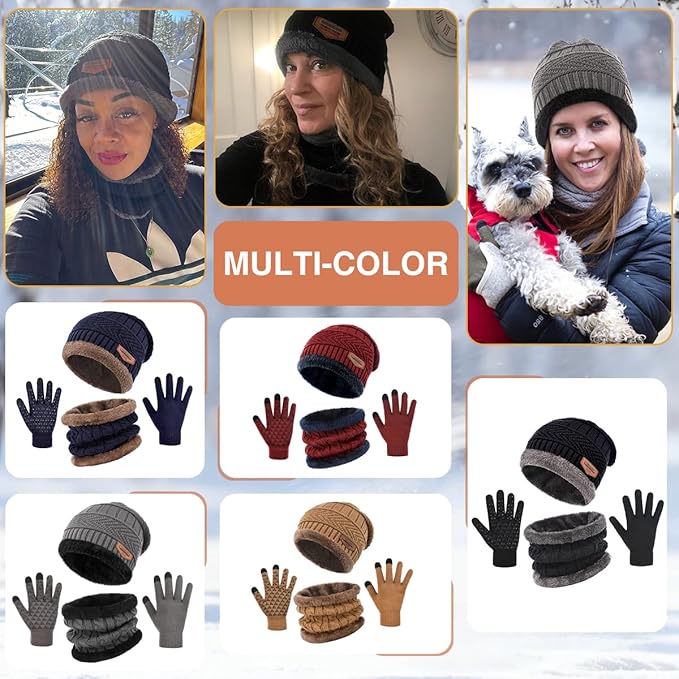 Winter Beanie Hat Scarf Glove Set for Women Snow Knit Thick Fleece Lined Ski Hat,Mens Warm Neck Warmer Touchscreen Mittens