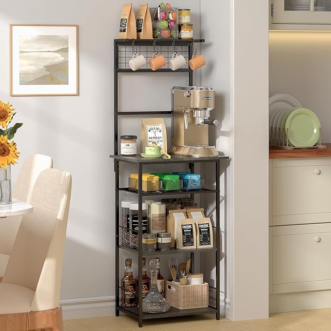 5 Tier Coffee Bar Station, Kitchen Stand with 4 S-Shaped Hooks, Farmhouse Corner Coffee Bar for Small Spaces, Bakers Rack for Kitchen, Entryway, Living Room, 13.43"D x 18.93"W x 53.31"H,Gray