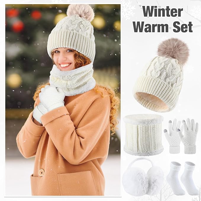 SATINIOR 5 Pcs Winter Hat Scarf Gloves Set Fleece Warm Lined Knit Beanie Hat Touch Screen Earmuff Gloves Warmer for Women(White,Vivid Style)