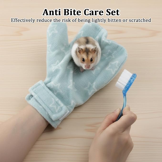 1Pcs Hamster Bite Proof Glove and Grooming Brush Set, Adjustable Hamster Glove, Lid Soft Cleansing Brush Massage Combs, Guinea Pig Brush, Hamster Care Set for Hamsters, Ferrets, Hedgehog (Green Stars)