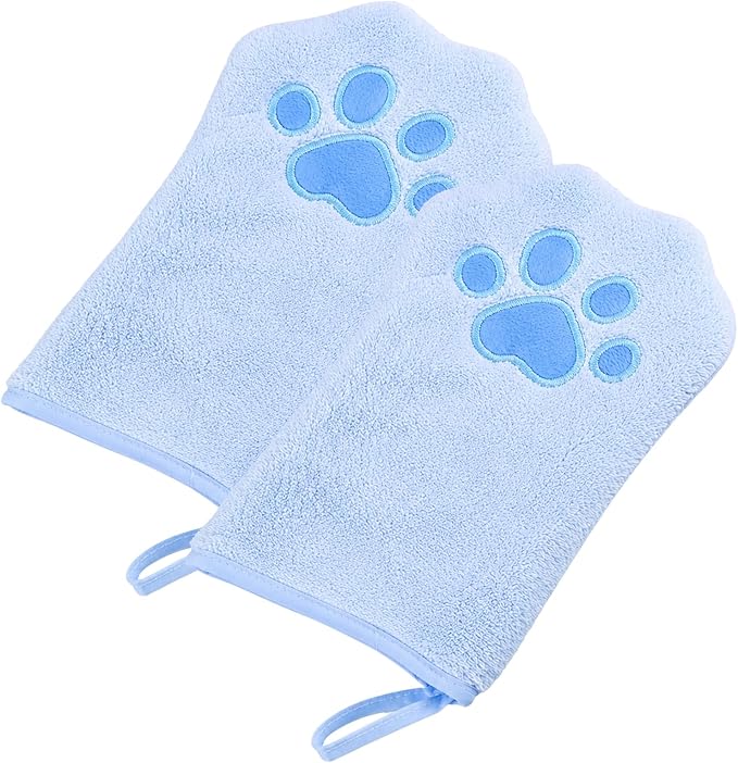 A Pair of Microfiber Reusable Pet Grooming Towel Gloves, Machine-Washable Double-Sided Bath Mitts, Dirt & Odor Removal Cleaner for Dog and Cat Paws & Coat (Blue)