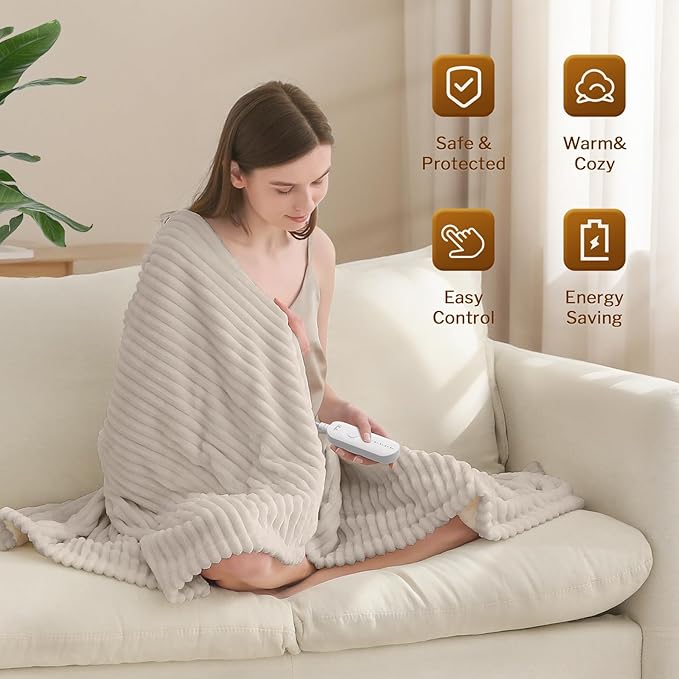 Reaks Electric Heated Throw Blanket, Silky Soft Flannel & Sherpa Heating Blanket Throw with 5 Heat Levels & 3 Hours Auto Off, Warm Gifts for Women Mom Grandma, ETL Certified (50x60 inches, Beige)