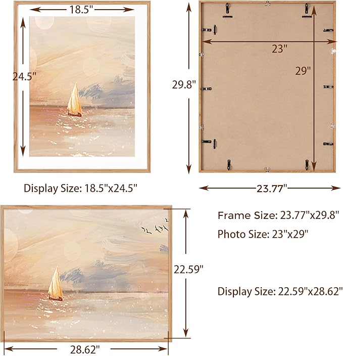 23x29 Oak Wood Frame, 23"x29" Poster Frames, 23 x 29 Picture Frame with Mat for 19x25, Rustic Wood Frames 23 x 29 with Real Glass, 23" x 29" Art Frame, 23x29 Puzzle Frames (Natural Oak Color, 1 Pack)