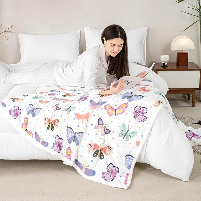 Feelyou Colorful Butterfly Fleece Throw Blanket Twin 60"x80" Kids Girls Sherpa Blanket Plush Fuzzy for Bed Couch Chair Living Room, Butterflies Lover Bed Blanket Room Decor